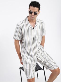 SHOWOFF - Mens Cuban Collar Striped White Co-Ord (Set of 2)
