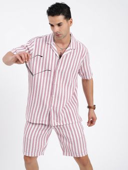 SHOWOFF - Mens Cuban Collar Striped Pink Co-Ord (Set of 2)