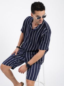 SHOWOFF - Mens Cuban Collar Striped Navy Blue Co-Ord (Set of 2)