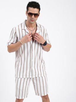SHOWOFF - Mens Cuban Collar Striped White Co-Ord (Set of 2)