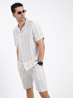 SHOWOFF - Mens Cuban Collar Striped Cream Co-Ord (Set of 2)