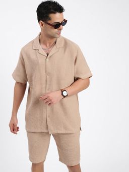 SHOWOFF - Mens Cuban Collar Textured Beige Co-Ord (Set of 2) (S)