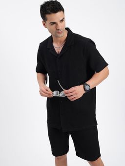 SHOWOFF - Mens Cuban Collar Textured Black Co-Ord (Set of 2) (S)