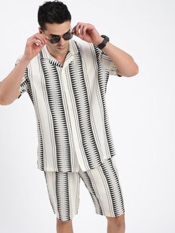 SHOWOFF - Mens Cuban Collar Geometric Cream Co-Ord (Set of 2)