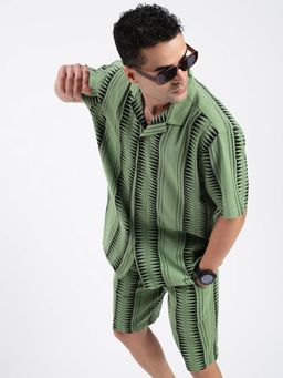 SHOWOFF - Mens Cuban Collar Geometric Green Co-Ord (Set of 2)