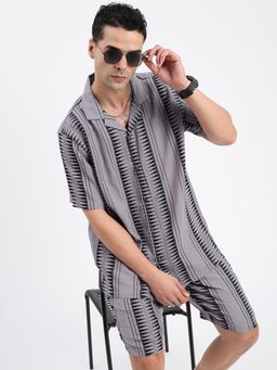 SHOWOFF - Mens Cuban Collar Geometric Grey Co-Ord (Set of 2)