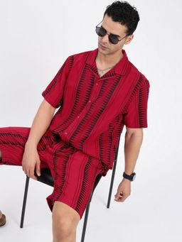 SHOWOFF - Mens Cuban Collar Geometric Red Co-Ord (Set of 2)