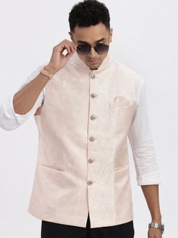 SHOWOFF - Men Peach Self Design Nehru Jacket