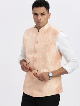 SHOWOFF - Men Orange Self Design Nehru Jacket
