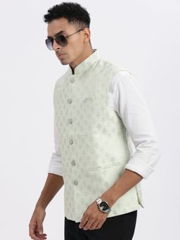 SHOWOFF - Men Green Self Design Nehru Jacket