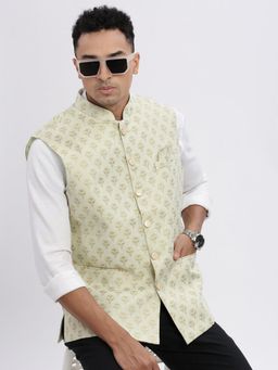SHOWOFF - Men Green Self Design Nehru Jacket