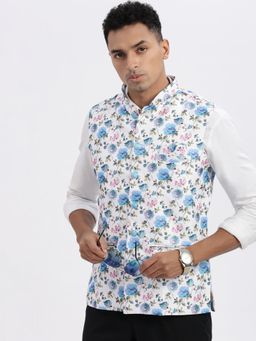 SHOWOFF - Men White Floral Nehru Jacket