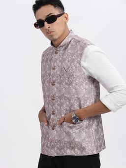 SHOWOFF - Men Brown Floral Nehru Jacket