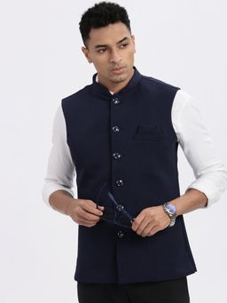 SHOWOFF - Men Navy Blue Solid Nehru Jacket