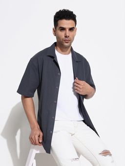 SHOWOFF - Grey Solid Cuban Collar Relaxed Fit Shirt