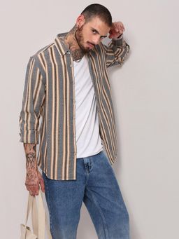 SHOWOFFFF - Edition Beige Striped Slim Fit Shacket