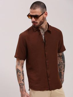 SHOWOFF - Brown Solid Slim Fit Shirt