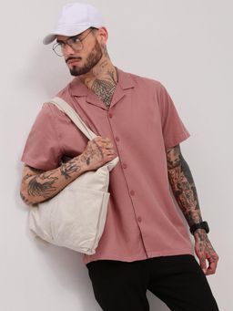 SHOWOFF - Pink Solid Cuban Collar Relaxed Fit Shirt