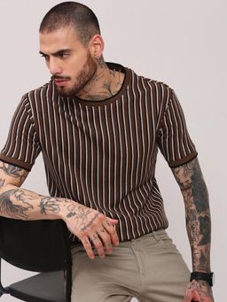 SHOWOFFFF - Men Dark Brown Striped T-Shirt
