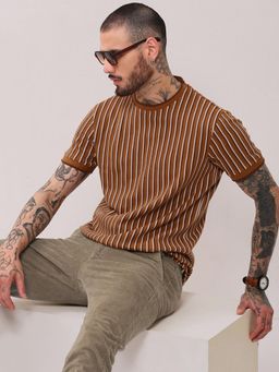 SHOWOFFFF - Men Camel Brown Striped T-Shirt