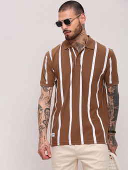 SHOWOFFFF - Men Brown Striped T-Shirt