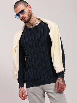 SHOWOFF - Men Navy Blue Geometric Pullover Sweater