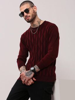 SHOWOFF - Men Maroon Geometric Pullover Sweater