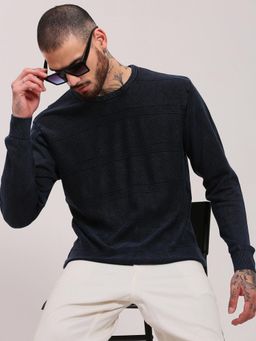 SHOWOFF - Men Navy Blue Textured Pullover Sweater