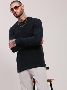 SHOWOFF - Men Navy Blue Textured Pullover Sweater