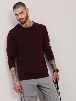 SHOWOFF - Men Maroon Textured Pullover Sweater