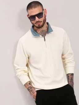 SHOWOFFFF - Men Cream Textured Pullover Sweater