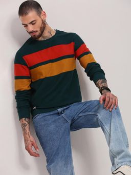 SHOWOFF - Men Green Colorblocked Pullover Sweater