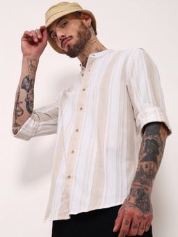 SHOWOFFFF - Mens Cream Striped Slim Fit Shirt