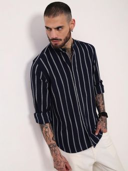 SHOWOFF - Mens Navy Blue Striped Slim Fit Shirt