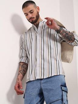 SHOWOFFFF - Mens Off White Striped Slim Fit Shirt