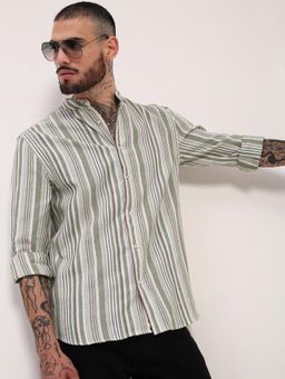 SHOWOFF - Mens Green Striped Slim Fit Shirt