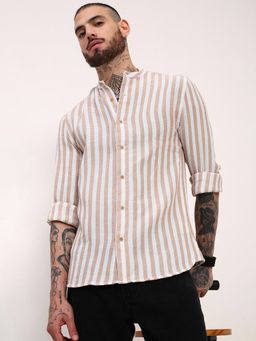 SHOWOFFFF - Mens Cream Striped Slim Fit Shirt