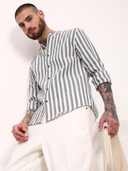 SHOWOFFFF - Mens Green Striped Slim Fit Shirt
