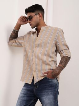 SHOWOFF - Mens Beige Striped Slim Fit Shirt