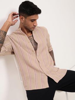 SHOWOFFFF - Mens Beige Striped Slim Fit Shirt