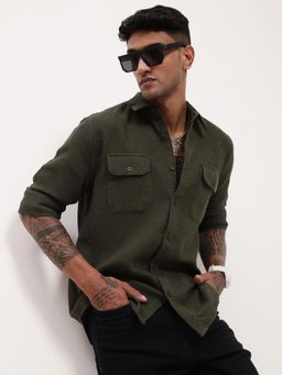 SHOWOFF - Mens Green Solid Slim Fit Shirt
