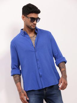 SHOWOFF - Mens Blue Solid Slim Fit Shirt