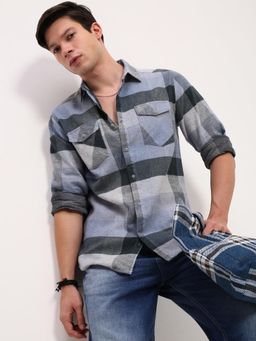 SHOWOFFFF - Mens Grey Checked Slim Fit Shirt
