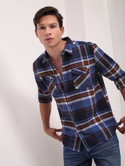 SHOWOFF - Mens Navy Blue Checked Slim Fit Shirt
