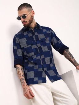 SHOWOFF - Mens Blue Geometric Slim Fit Shacket