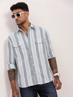 SHOWOFFFF - Mens Green Striped Slim Fit Shirt