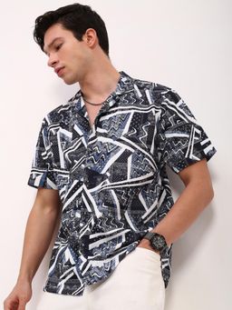 SHOWOFF - Mens Black Abstract Cuban Collar Relaxed Fit Shirt