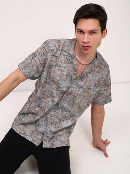 SHOWOFF - Mens Green Graphic Cuban Collar Relaxed Fit Shirt