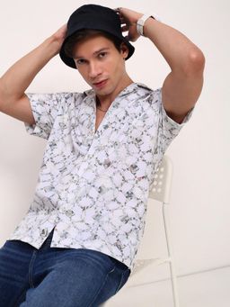 SHOWOFF - Mens White Abstract Cuban Collar Relaxed Fit Shirt
