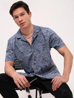 SHOWOFFFF - Mens Blue Floral Cuban Collar Relaxed Fit Shirt